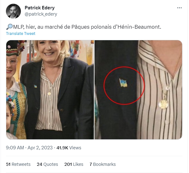 Escale à Calais, Shtandart : Marine le Pen, relais du pouvoir russe en France arborant les couleurs de l'Ukraine