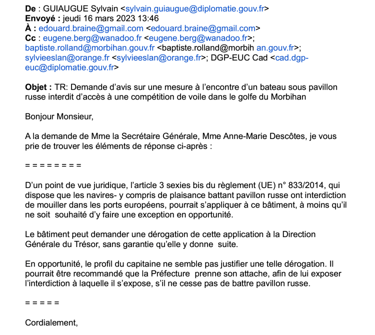 Escale à Calais, Shtandart : Position du Quai d'Orsay