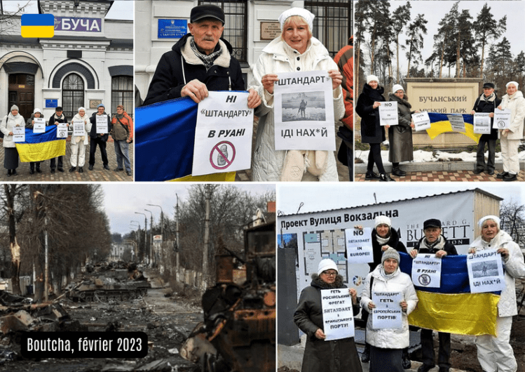 Flashmob à Boutcha, en février 2023, contre le viol, par le Shtandart, des sanctions prises suite aux massacres de Boutcha.