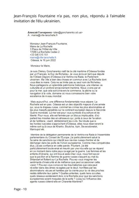 Shtandart, lettre d'Oleksiy Goncharenko à Jean-François Fountaine