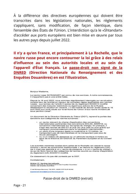 Lettre de la DNRED pour le Shtandart