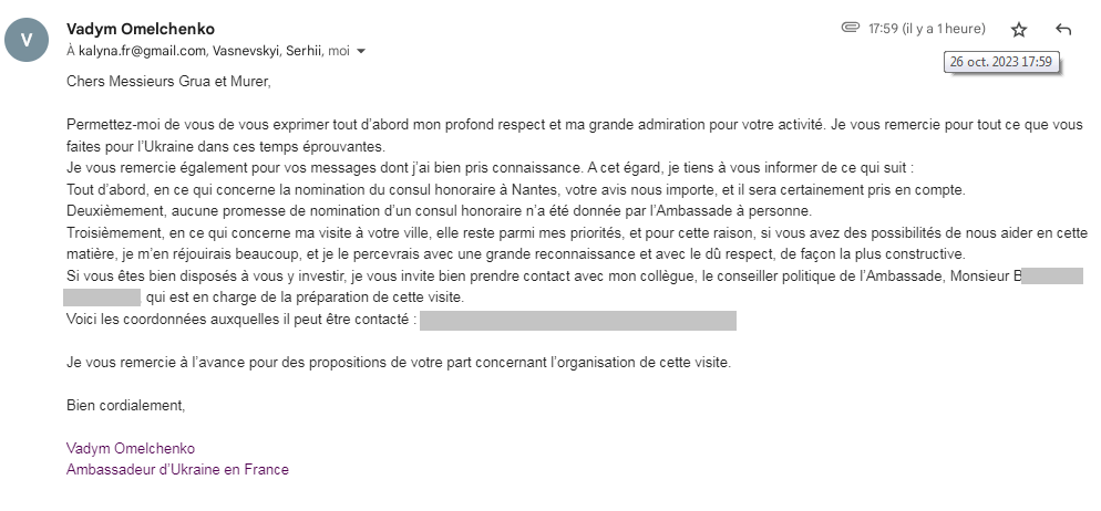Christophe Courtois email de M. l'Ambassadeur d'Ukraine - 26/10/2023