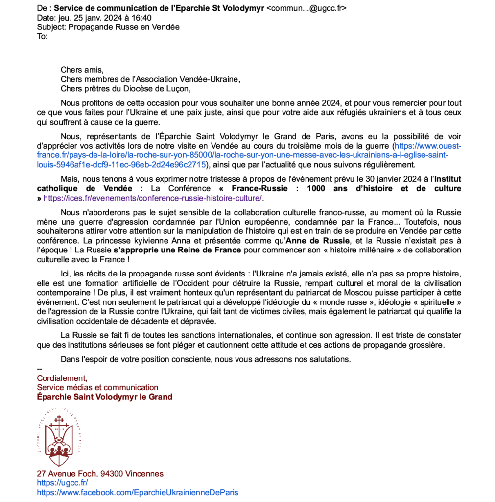 Institut Catholique d'Enseignement Supérieur de Vendée (ICES), Courrier de l'Eparchie St Volodymyr 