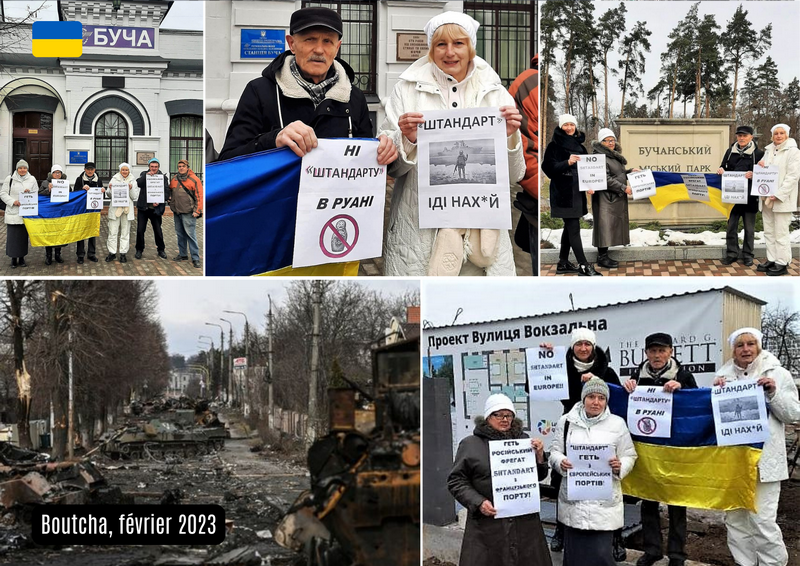 Flashmob à Boutcha contre la frégate russe Shtandart 