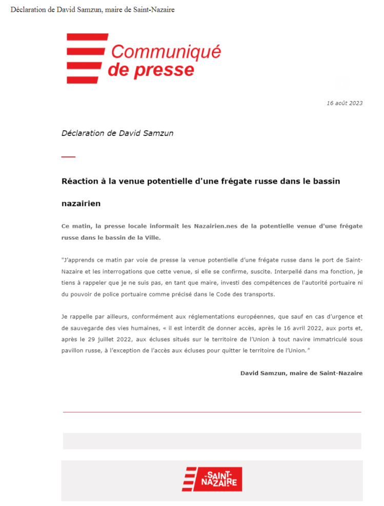 Shtandart Comunicado de prensa del alcalde de Saint-Nazaire