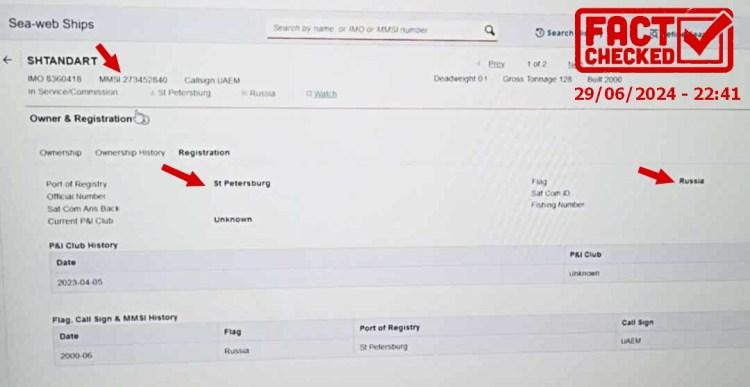 Sea-web Ships : au 29/06/2024, le Shtandart, MMSI: 273452840, est immatriculé sous pavillon russe à Saint-Pétersbourg