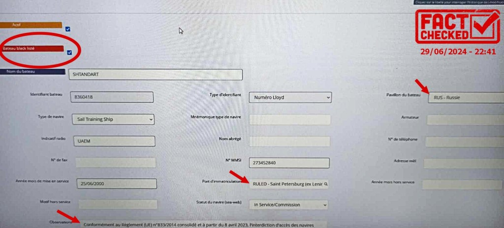 Le "Sail training ship" Shtandart immatriculé à Saint Petersbourg, Russie, est blacklisté
