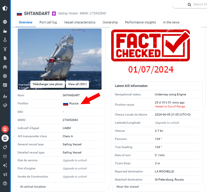 Sur "Marine Traffic", le "Sailing vessel Shtandart", MMSI: 273452840, était toujours sous pavillon russe.