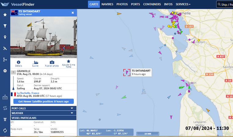 Destination du Shtandart affichée par son AIS le 07/08/2024