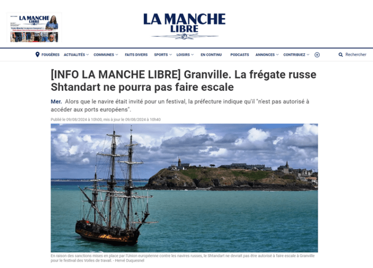 Le navire russe Shtandart ne sera pas accepté au festival des Voiles de travail de Granville