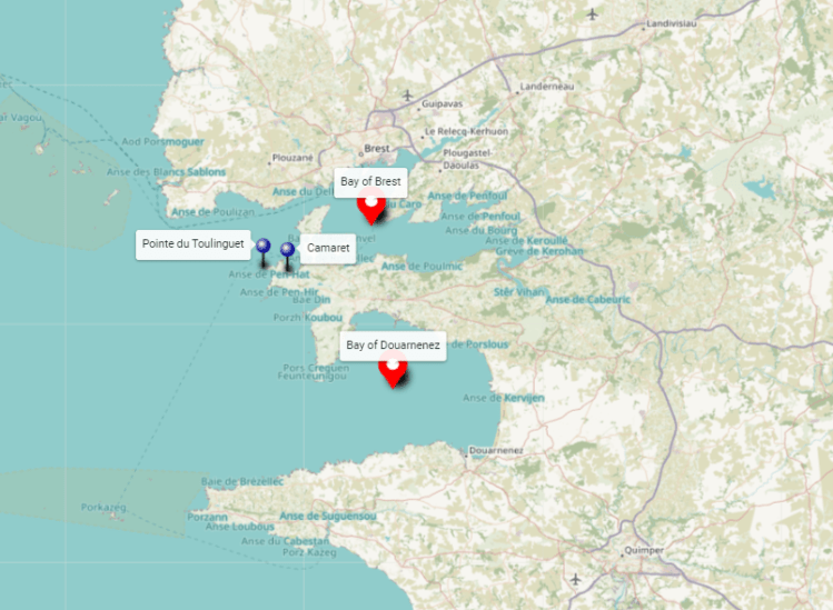 Shtandart,  Bay of Brest, from the Pointe du Toulinguet, and the Bay of Douarnenez.