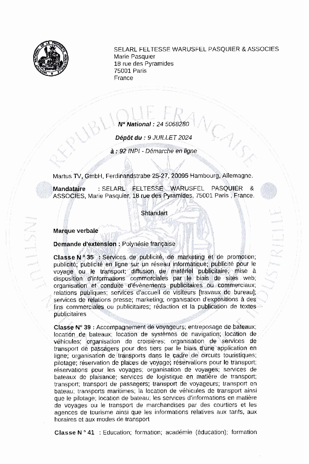 Lawyer Thierry Clerc, Реєстрація торгової марки «SHTANDART» 1