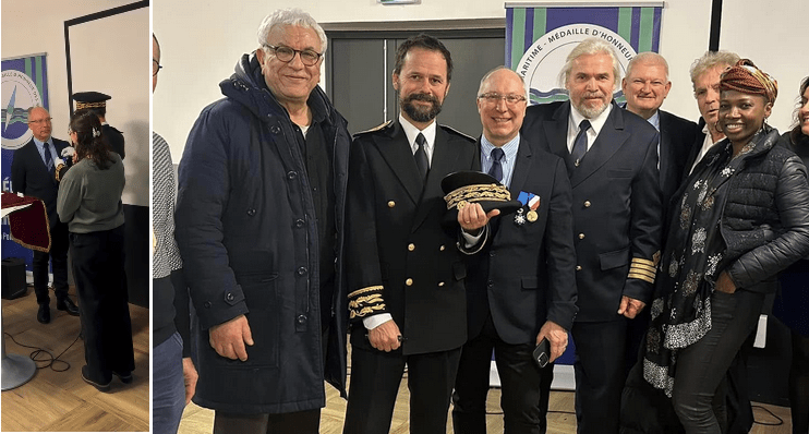 Le préfet Brice Blondel décorant Patrice Bernier en présence du député Olivier Falorni, de la Conseillère municipale Aya Koffi, et d'un ex conseiller municipal Michel Tillaud. Vladimir Martus, le Russe contrevenant aux sanctions européennes, est collé à l'épaule gauche de Patrice Bernier : Amis des Grands Voiliers, Michel Balique, Shtandart, gaz russe de Yamal