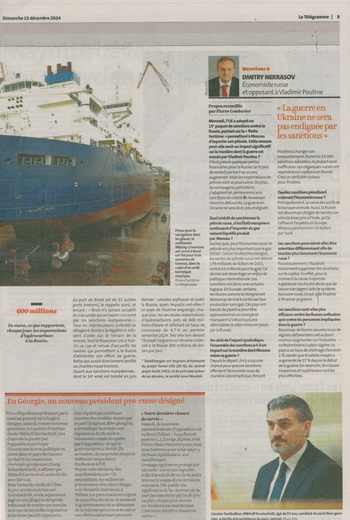 Article Le Télégramme, page 2 : Amis des Grands Voiliers, Michel Balique, Shtandart, gaz russe de Yamal