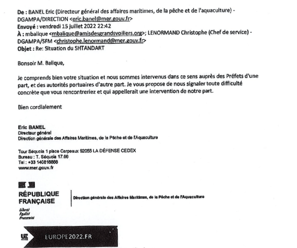 Shtandart  : Email d'Éric Banel, Directeur général des affaires maritimes, de la pêche et de l’aquaculture (DGAMPA)