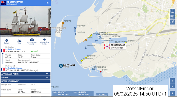 Le Shtandart au port Atlantique depuis le 20/01/2024 - Source: VesselFinder