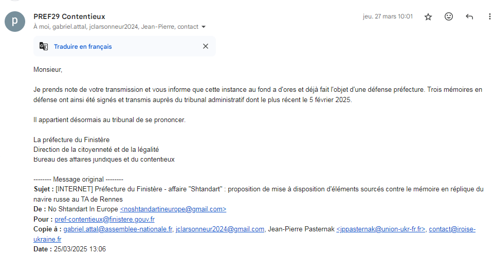 Maître Thierry Clerc, Shtandart, réponse préfecture