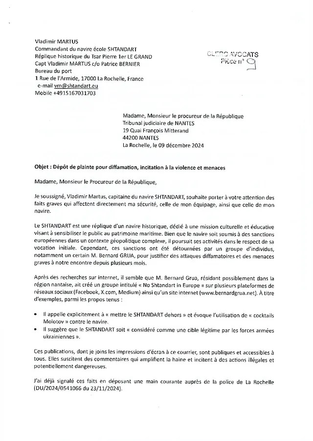 Clerc Avocats, dépôt de plainte de Vladimir Martus auprès du procureur du Tribunal judiciaire de Nantes, 09/12/2024