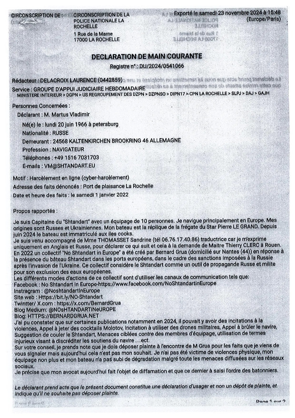 Clerc Avocats, main courante de Vladimir Martus à l'Hôtel de Police de La Rochelle, 23/11/2024