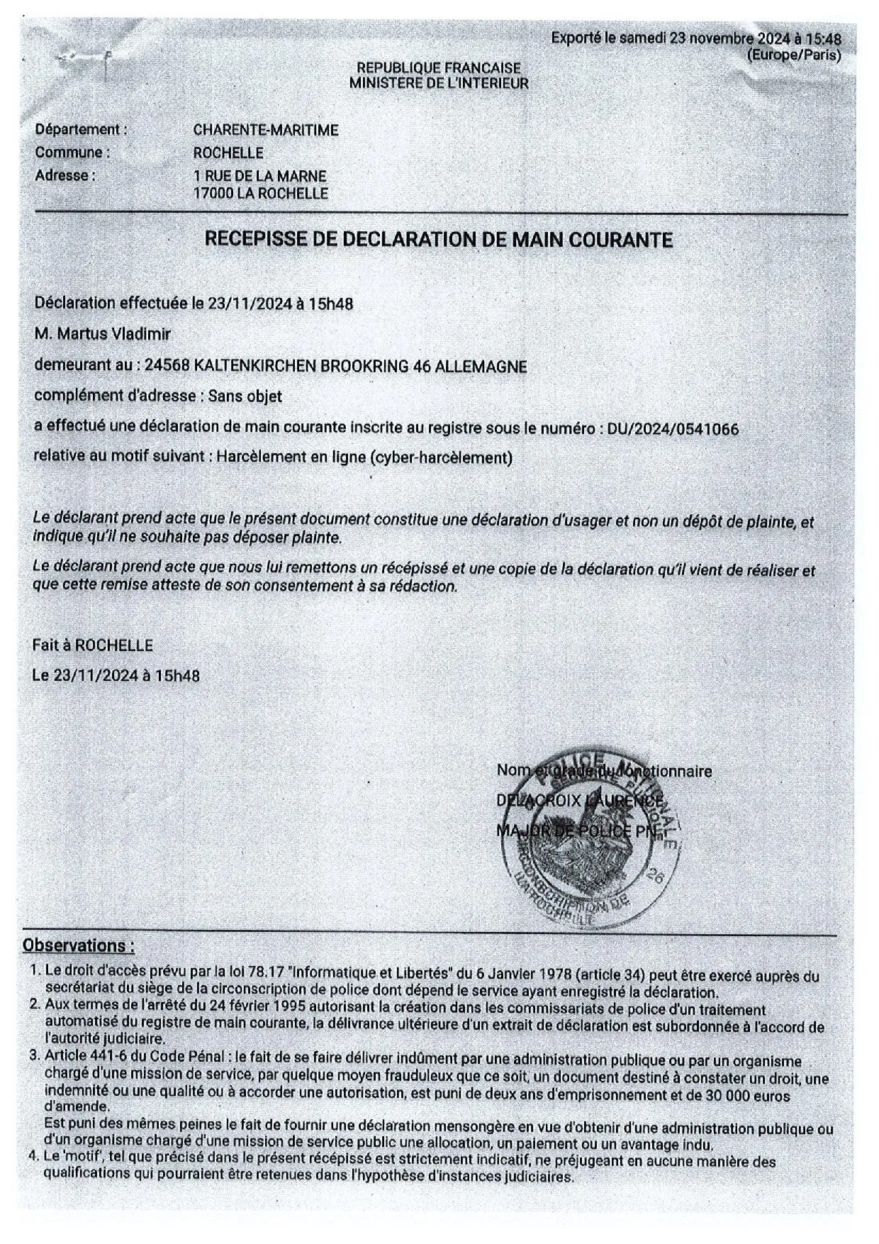 Maître Thierry Clerc,  main courante de Vladimir Martus à l'Hôtel de Police de La Rochelle, 23/11/2024