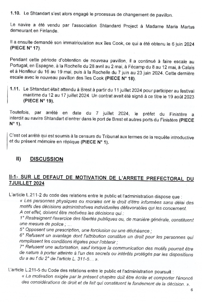 Shtandart : mémoire de Me Isabelle Enard-Bazire, au tribunal administratif de Rennes contre le préfet du Finistère - Le Shtandart était attendu à Brest à partir du 11 juillet 2024 pour participer au festival maritime du 12 au 17 juillet 2024. 