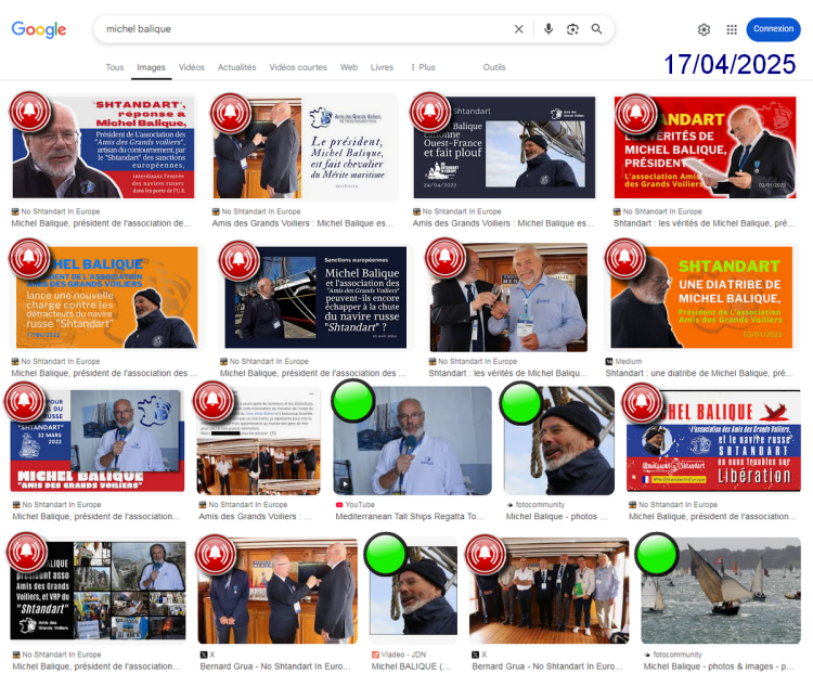 Screenshot of PC for all search results, Michel Balique, Amis des grands voiliers - Sail Training Association France, Friends of tall ships, ‘Images’ tab, on Google. one