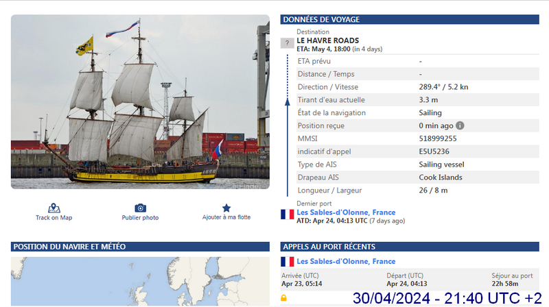 Le Havre, destination du navire russe Shtandart selon VesselFinder
