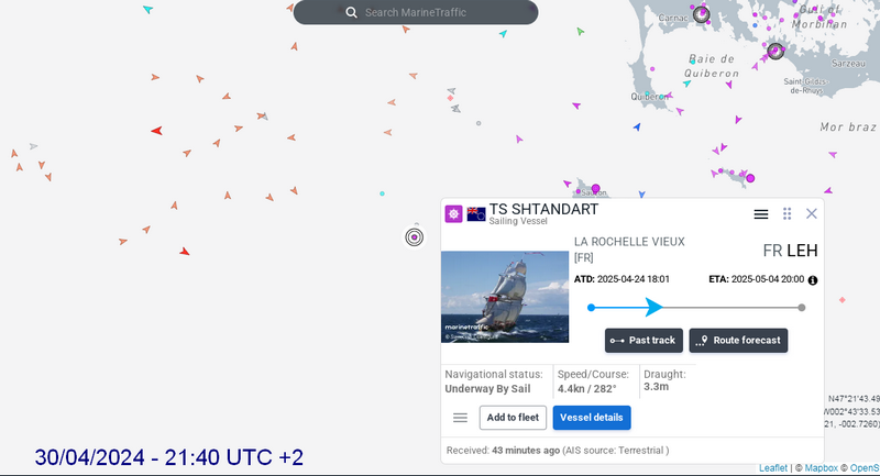 Le Havre, destination du navire russe Shtandart selon MarineTraffic