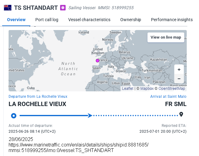 La destination du Shtandart est également indiquée sur les sites Internet Vessel Finder et Marine Traffic.