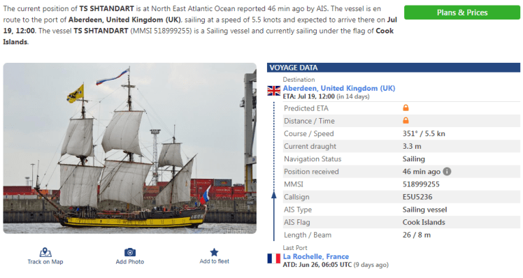 The Shtandart (MMSI: 518999255), a Russian dark ship