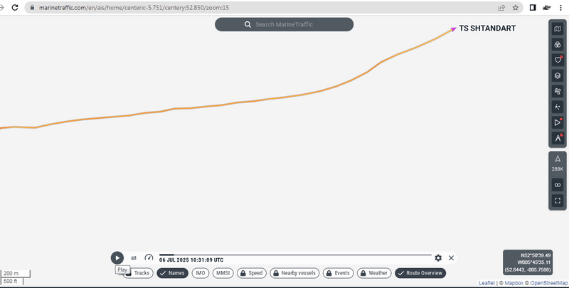 The Shtandart's last known position was N52°50'39.49 W005°45'35.11 at 10:30 UTC on 6 July 2025.