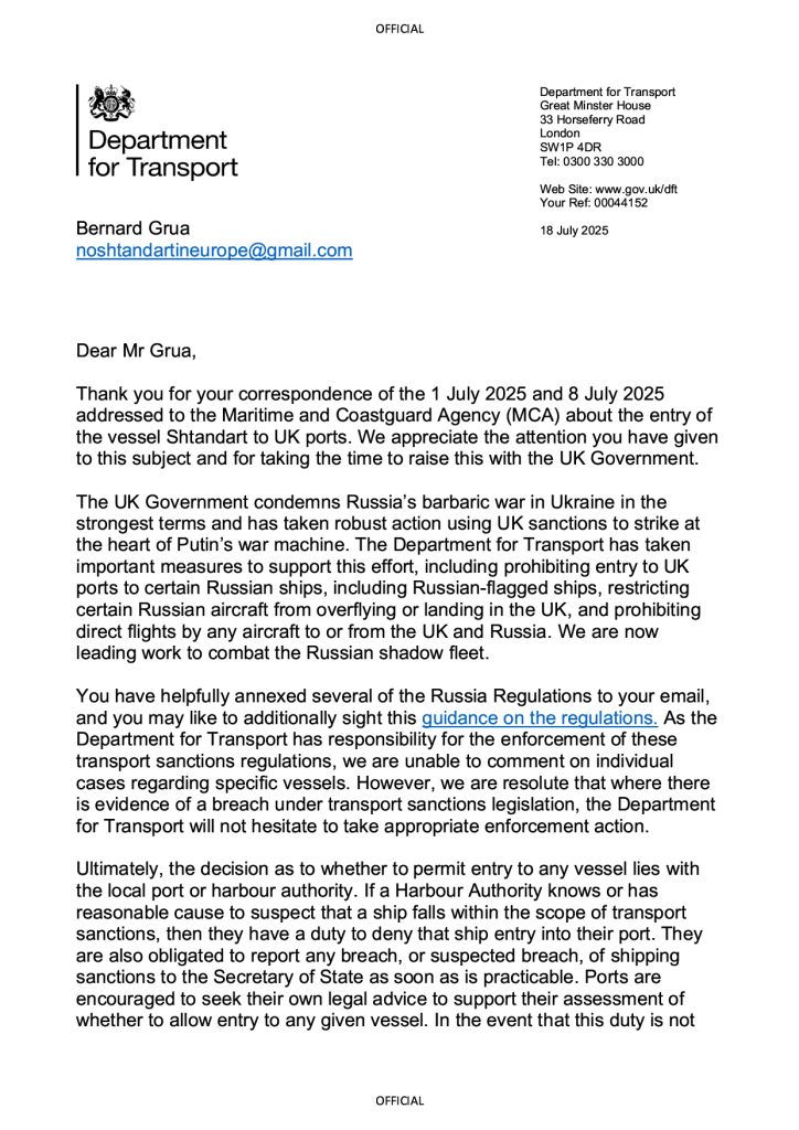 Letter from the UK Department for Transport about the sanctioned Russian ship "Shtandart" page one