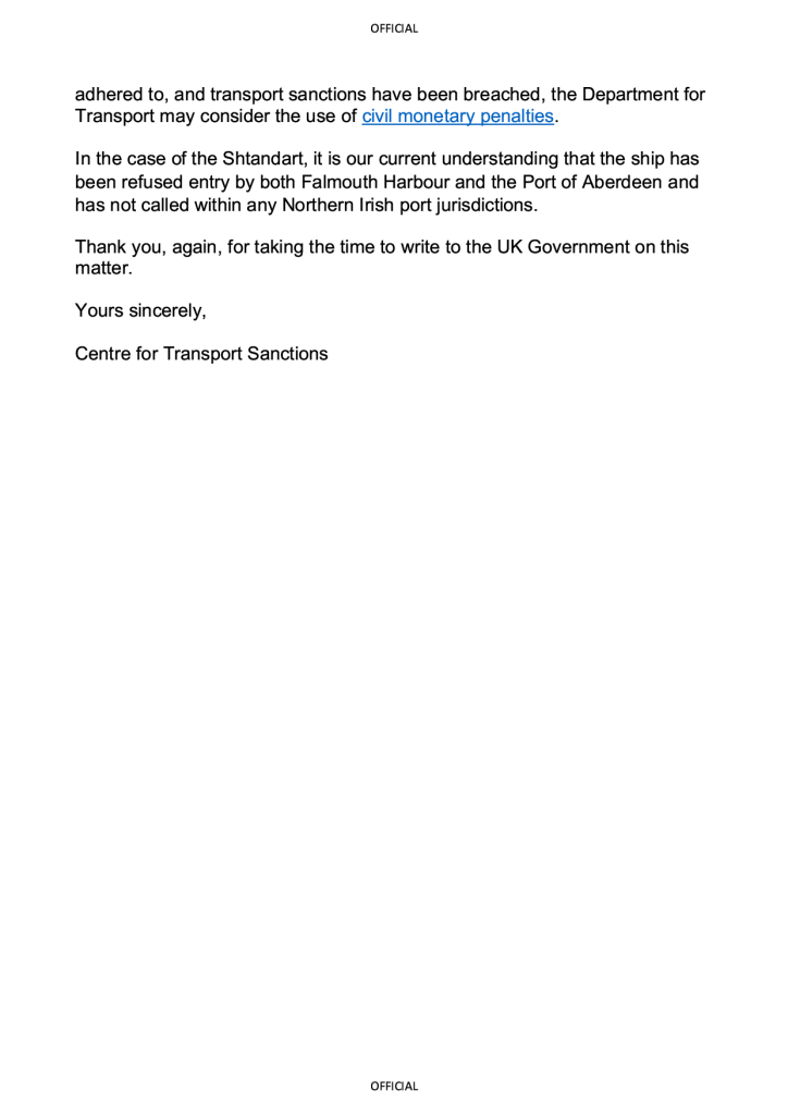 Letter from the UK Department for Transport about the sanctioned Russian ship "Shtandart" page two