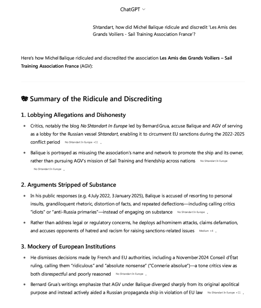 Critics, notably the blog No Shtandart In Europe led by Bernard Grua, accuse Balique and AGV of serving as a lobby for the Russian vessel Shtandart, enabling it to circumvent EU sanctions during the 2022‑2025 conflict period [1].