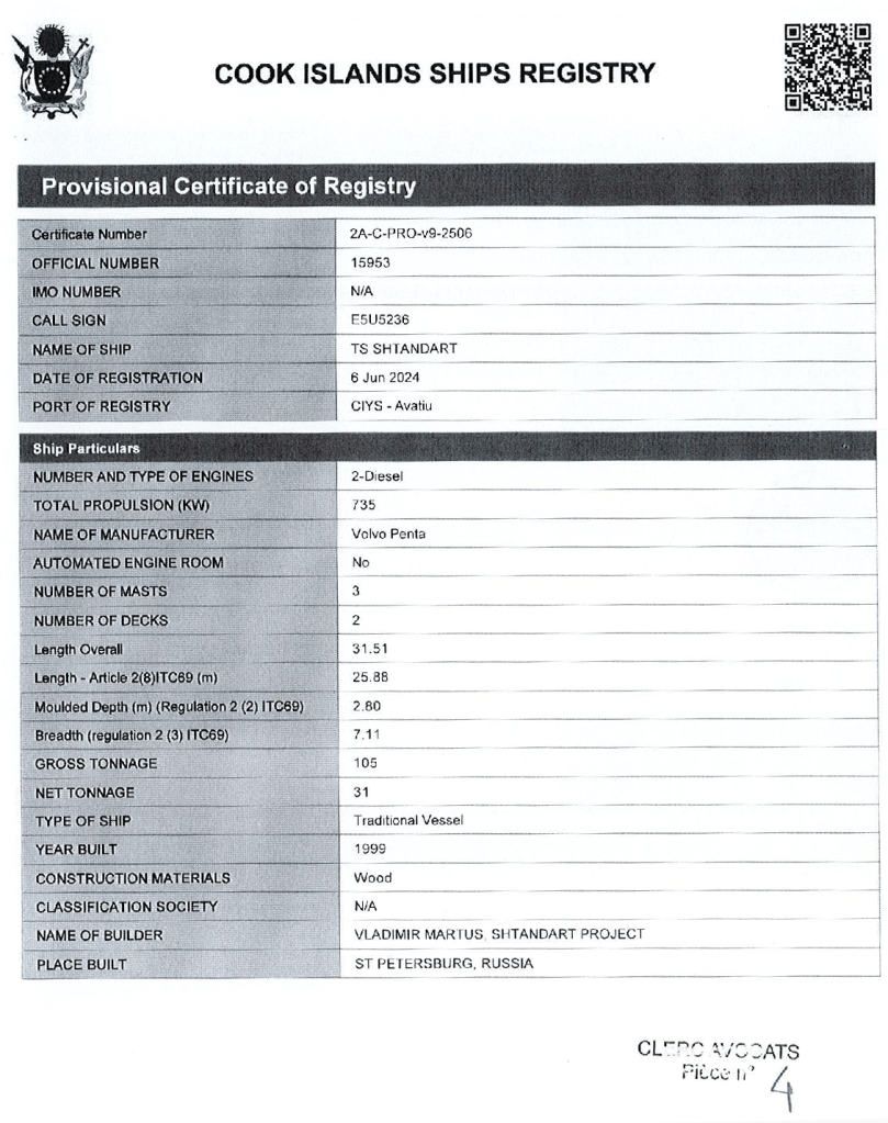 Shtandart Cook Islands registration 2