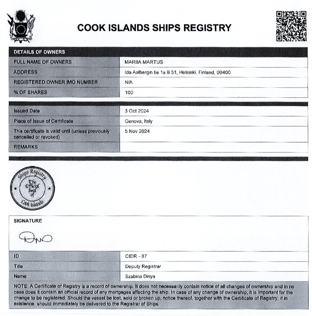 Shtandart Cook Islands registration 1