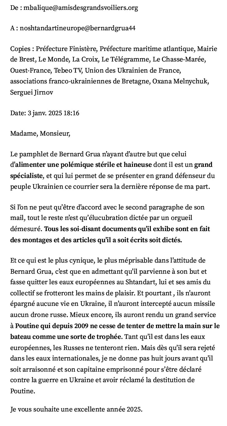 Shtandart : Michel Balique, président Amis des grands voiliers, pète un plomb 

