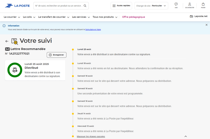 Shtandart, réception du recommandé