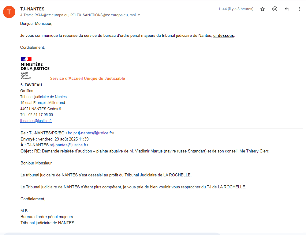 Plainte calomnieuse et abusive déposée du Russe Vladimir Martus et de Maître Thierry Clerc : réponse reçue du tribunal judiciaire de Nantes, 29/08/2025