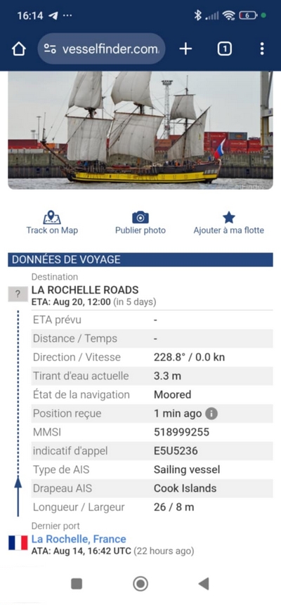 Patrice Bernier, Shtandart, La Rochelle Vessel finder