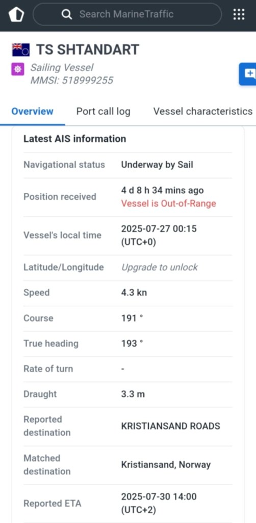 Shtandart, déconnexion de l'AIS, 27 juillet 2025 à 0 h 15 UTC