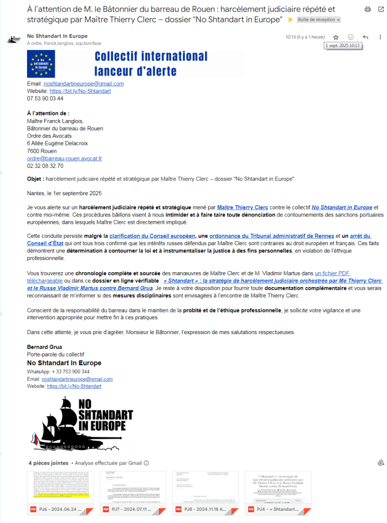 Harcèlement judiciaire répété et stratégique par Maître Thierry Clerc – dossier "No Shtandart in Europe"