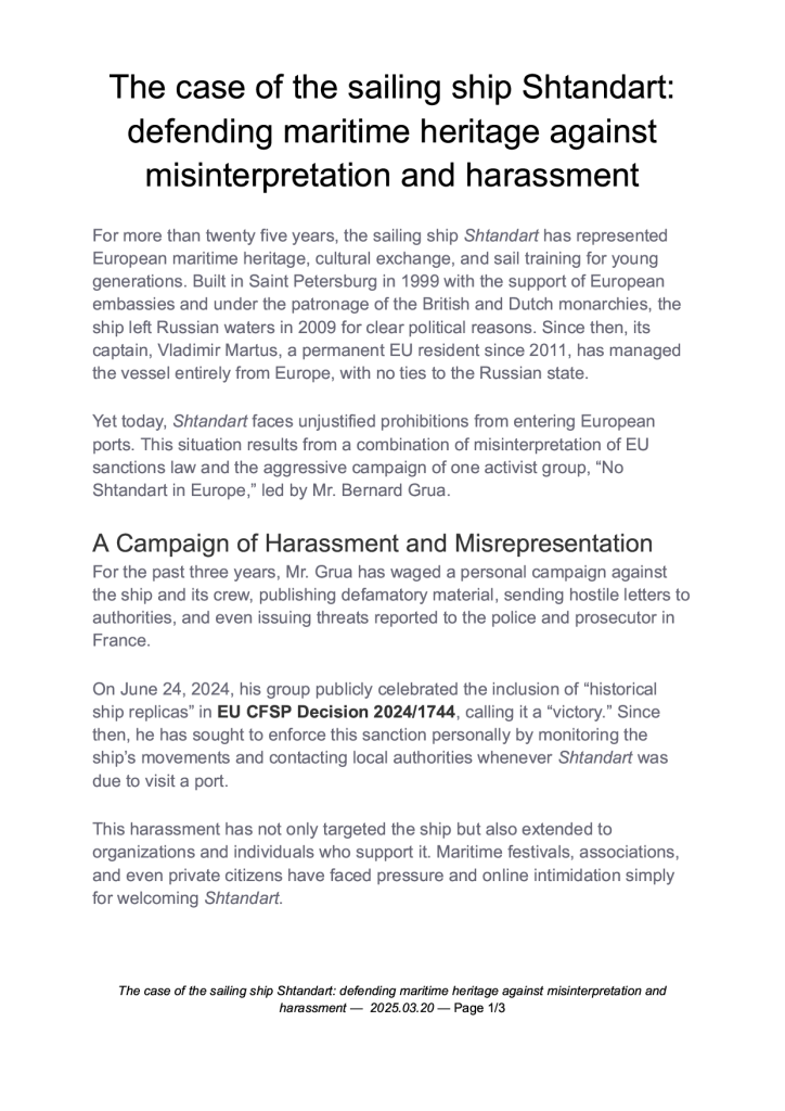 The case of the sailing ship Shtandart: defending maritime heritage against misinterpretation and harassment - Page 1