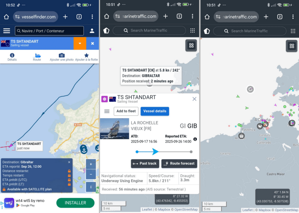 Le navire russe Shtandart (MMSI 518999255), dont les activités présentent de nombreuses similitudes avec celles des navires de la « flotte fantôme » russe, était toujours présent dans les eaux territoriales espagnoles le matin du 20 septembre.