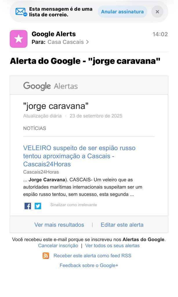 Jorge Caravana (Facebook, 23 de setembro de 2025) — Ontem, a esta hora, avisei a Polícia Marítima de Cascais!