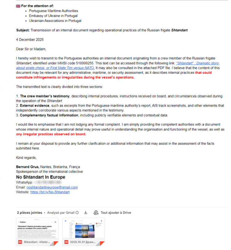 Transmission of an internal document regarding operational practices of the Russian frigate Shtandart