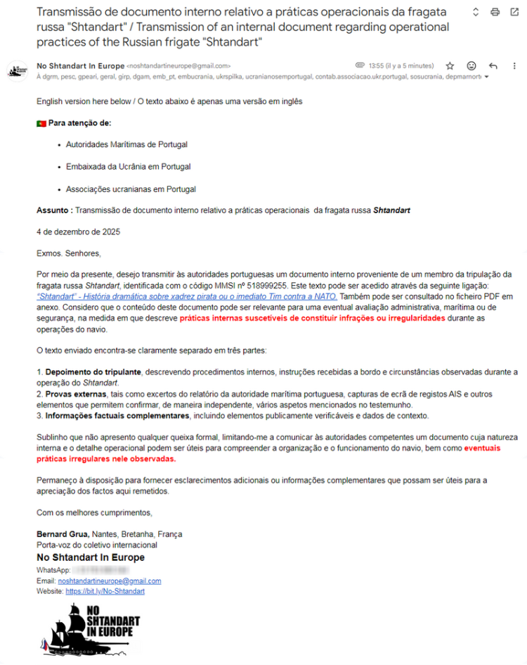 Transmissão de documento interno relativo a práticas operacionais  da fragata russa Shtandart