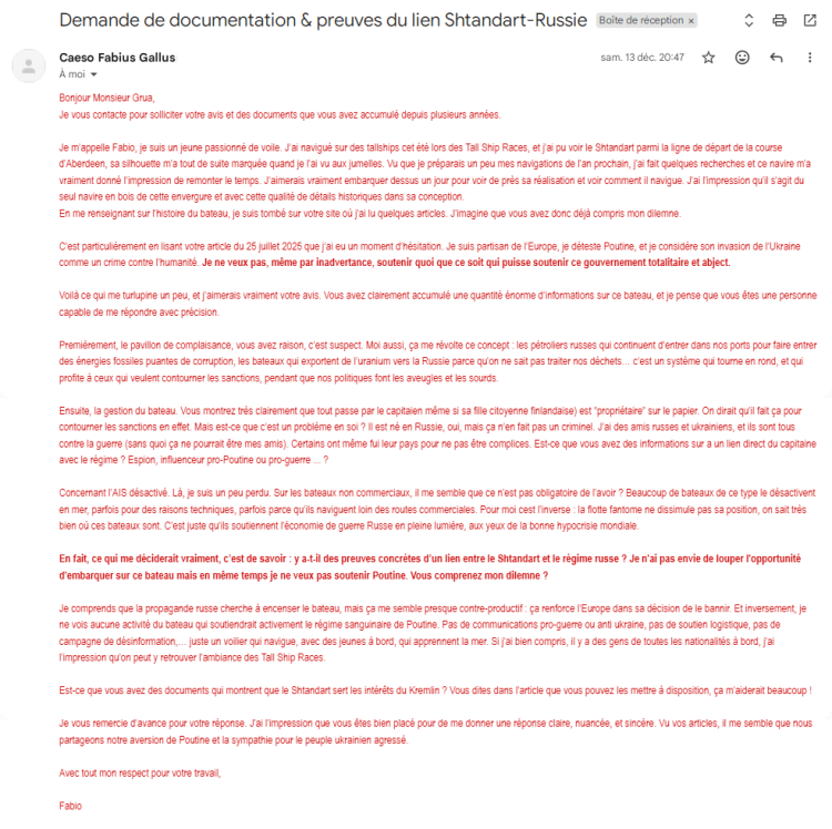 Demande de documentation & preuves du lien Shtandart-Russie