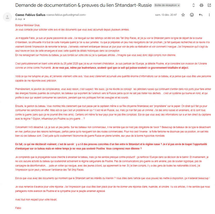 Demande de documentation & preuves du lien Shtandart-Russie