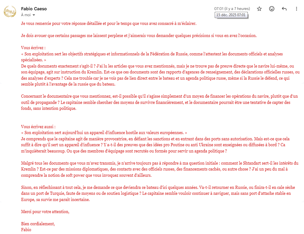 Fabio Caeso, caeso.fabius.gallus@gmail.com, Demande de documentation & preuves du lien Shtandart-Russie